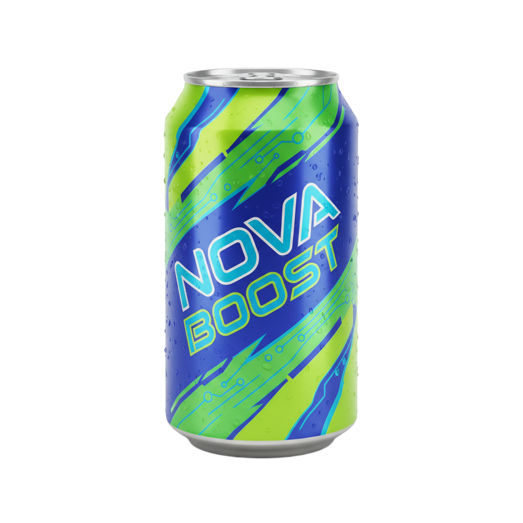 Generate a vibrant energy drink can with bold graphics and metallic finish
